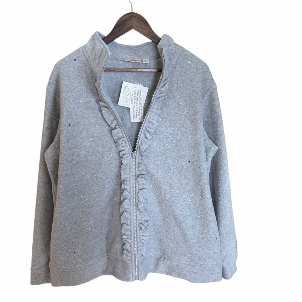 Quacker Factory Women’s L Gray Fleece Zip Jacket Ruffle Rhinestone Mock Neck - Picture 6 of 16